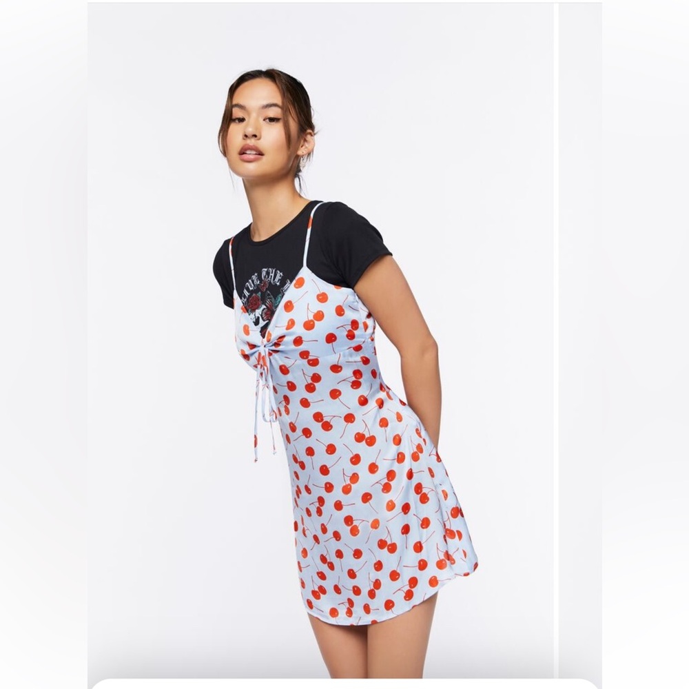NWT Forever 21 Cherry Print Mini Cami Satin Dress Size Small Blue / Red
